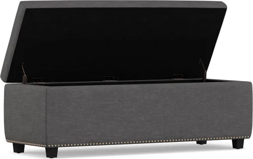 Vista 5 de Otomano rectangular de almacenamiento Simpli Home Hamilton, Madera, Gris pizarra Pizarra gris