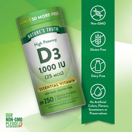 Vista 3 de Nature's Truth D3 1000 UI 250 cápsulas blandas Vitamina D esencial Suplemento sin OMG y sin gluten