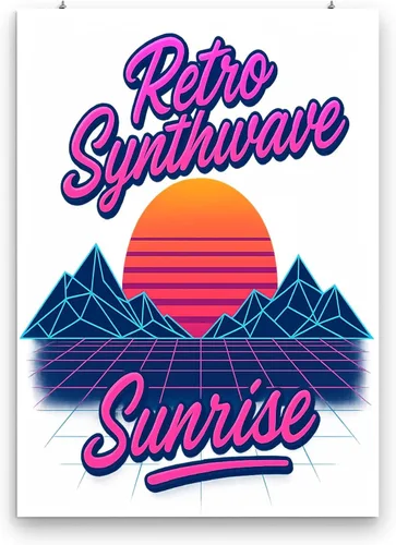 Vista 3 de Neon Sunrise Retro Poster - Synthwave Wireframe Mountains - Gloss Paper Finish - Wall Art for Gaming Room or Music Studio