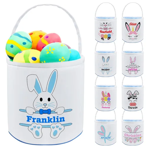Vista 8 de Cesta de Pascua personalizada con nombre, bolsas de lona personalizadas para niños, cestas de Pascua para bebés, niños y niñas, color azul
