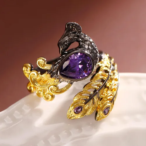 Vista 2 de Gothic Golden Feather Amethyst Rings - Black Peacock Rhinestone Copper Rings