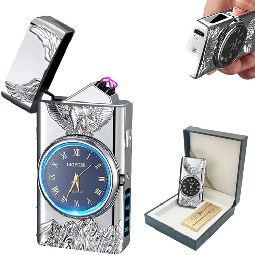 Vista 12 de BABOBIU Encendedor eléctrico recargable a prueba de viento USB con esfera de reloj y diseño de águila sin llama para camping, oficina en casa
