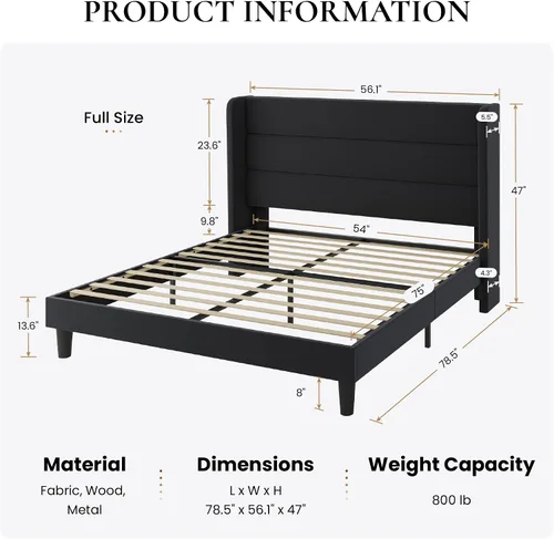 Vista 2 de SHA CERLIN - Base de cama tamaño Full con cabecera tapizada en terciopelo y diseño acanalado vertical; plataforma de cama tapizada con listones