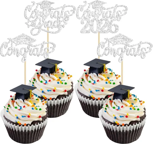 Vista 23 de Gyufise 24 piezas de decoración para cupcakes con purpurina para graduación 2026, decoración de pasteles para graduación 2026, decoración de Negro