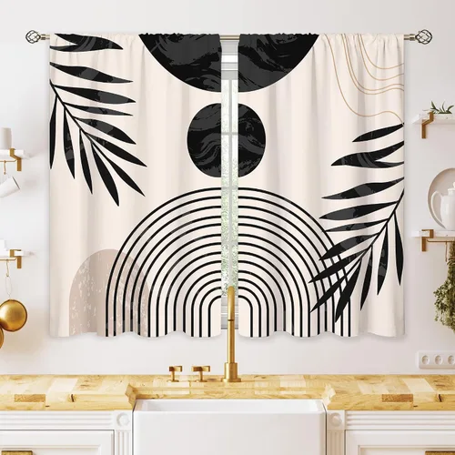 Vista 12 de Cortinas bohemias de cocina pequeñas de mediados de siglo, tratamiento abstracto moderno para ventana, bolsillo para cortinero, cortinas cortas