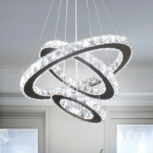 Vista 8 de Lámparas de araña LED de cristal, lámpara colgante moderna para comedor, lámpara de techo ajustable con 3 anillos, de acero inoxidable, blanco frío