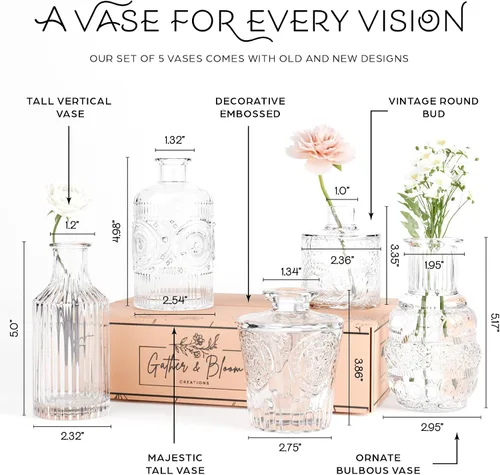 Vista 3 de Gather & Bloom Creations Juego de 5 Mini Floreros – Jarrones Pequeños de Cristal Transparente en Formas y Tamaños Únicos para Flores, Luces
