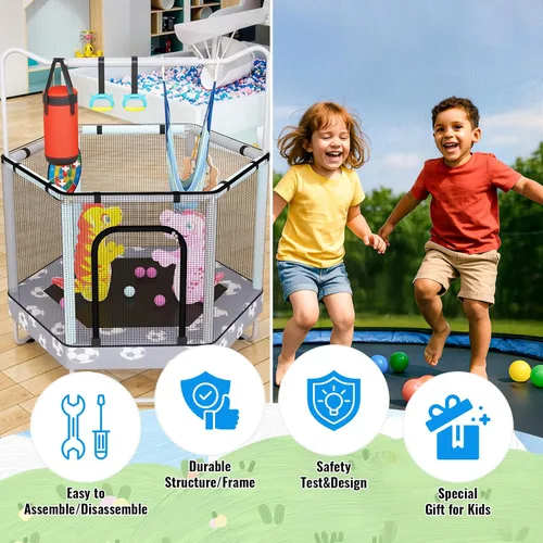 Vista 3 de LAMERGE Trampolín redondo 7 en 1 de 55 pulgadas para niños y niñas de 1 a 8 años, trampolín para interiores y exteriores para diversión, barandilla