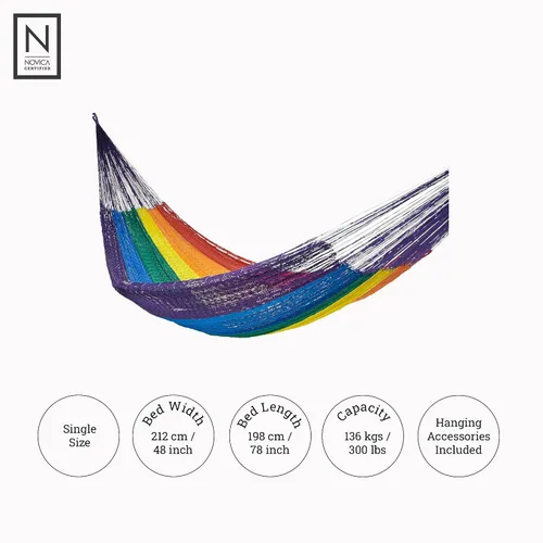 Vista 6 de NOVICA Hamaca de cuerda maya de nailon tejida a mano multicolor arcoíris a rayas para 1 persona, soñando con arcoíris (individual)