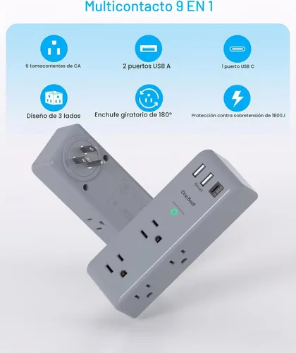 Vista 2 de Extensor de salida protector de sobretensiones, con enchufe giratorio, 6 tomas de corriente alterna con 3 puertos USB (1 USB C), 1800 julios