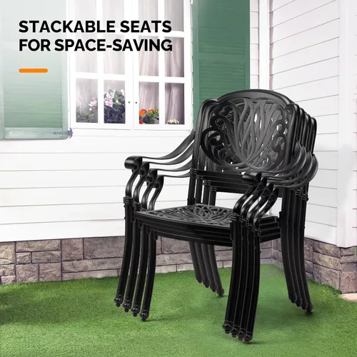 Vista 5 de VINGLI Juego de 2 sillas de patio apilables de aluminio fundido para exteriores con acabado negro vintage y patrón floral, sillones de metal