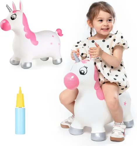 Vista 15 de INPANY Caballo hinchable, juguetes de tolva de dinosaurio, animal que rebota para niños, decoraciones de fiesta de dinosaurios, inflable para niños