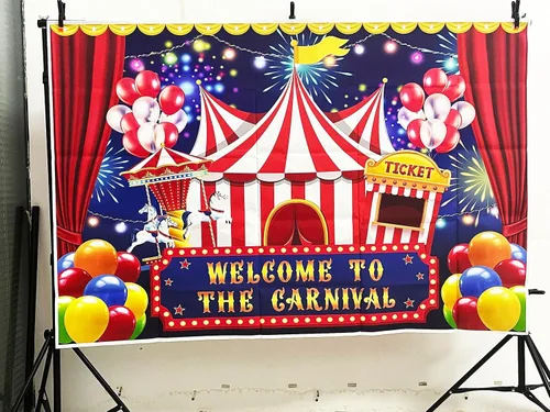 Vista 2 de Telón de fondo de circo de carnaval de 7 x 5 pies, carpa de circo, telón de fondo para fiesta, carrusel, taquilla, fondo para niños, niños, bebés