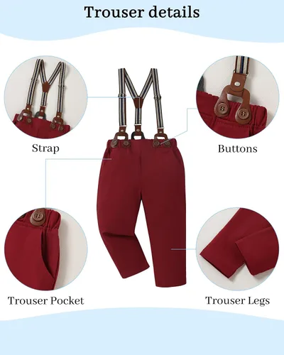 Vista 6 de DISAUR Ropa para bebé niño, camisa de vestir con corbatín y pantalones de tirantes, conjuntos de traje de caballero para boda de 1 a 6 años