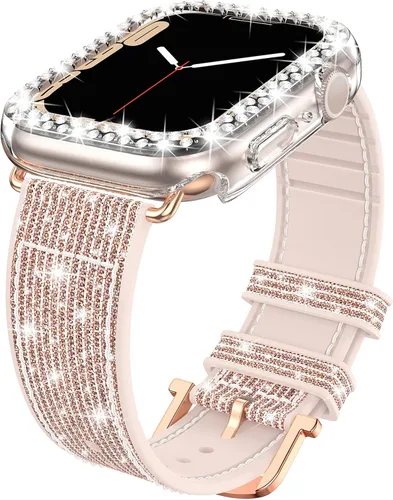 Vista 8 de Goton Bling - Correa de silicona brillante compatible con Apple Watch de 1.772 pulgadas (45mm) con protector de borde [sin vidrio], correa que