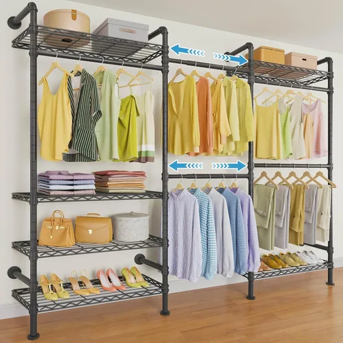 Vista 11 de Timate F3 - Perchero de pared mediano ampliable, perchero industrial para colgar ropa, perchero resistente con estantes, sistema de armario de pared
