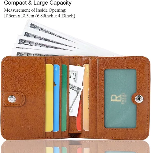 Vista 2 de Funtor Cartera de cuero para mujer, pequeña y compacta, con bolsillo doble, bloqueo RFID, para mujer