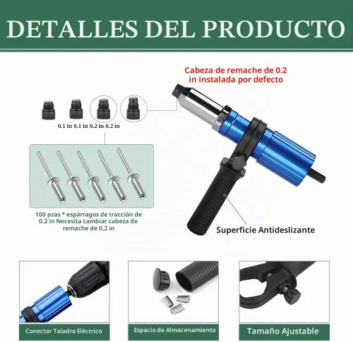 Vista 5 de Kit de adaptador de pistola de remache, herramienta de cabeza de pistola de remache para taladro inalámbrico, con 4 cabezas de remache/mango