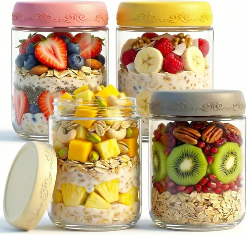 Vista 20 de Paquete de 4 de 10 OZ, Frascos para Avena Nocturna con Tapas, Recipientes de Vidrio para Preparación de Comidas, Frascos Mason Herméticos