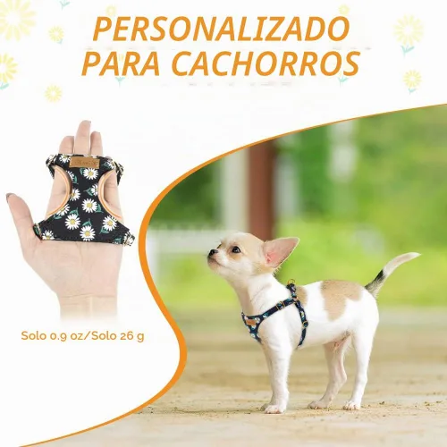 Vista 2 de SlowTon Arnés para perro sin tirones con correa para perros pequeños y medianos, negro, XXS Patrón floral, ligero, fácil de poner y quitar, sin