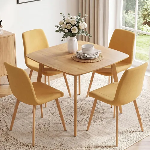 Vista 9 de HIPIHOM 3-Piece Oak Dining Table Set for 2, 31.5in Table with Steel Legs Oak Table+2 Yellow Chairs