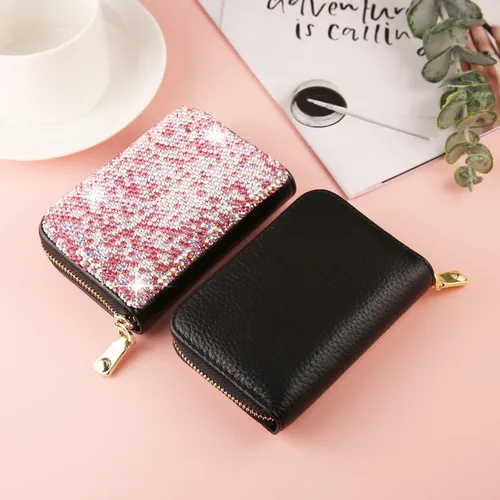 Vista 6 de AsAlways Funda con cremallera multicapa con diamantes de imitación RFID, cartera pequeña delgada para mujer, Rosado, Moderno