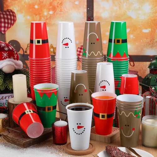 Vista 2 de Bokon 100 Piezas Vasos de Navidad de 16 oz de Plástico Desechables de Papá Noel Vasos con Diseños de Cinturón de Papá Noel Muñeco de Nieve Alce