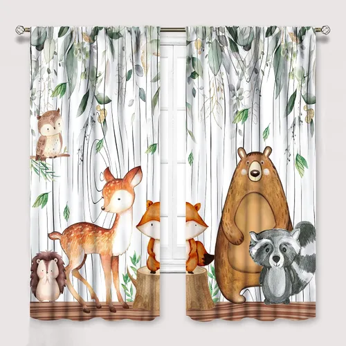 Vista 19 de YCness Cortinas para niños y niñas, diseño de animales de la selva, bosque de otoño, dibujos animados, ciervos, conejos, zorros, búhos, cortinas
