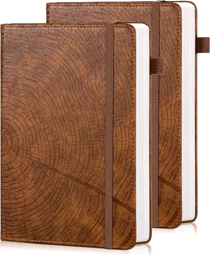 Vista 17 de Diario forrado con líneas de CAGIE para hombres y mujeres, diario encuadernado en cuero con anillos de crecimiento de árboles, cuaderno de 256