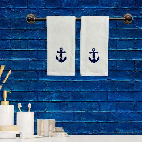 Vista 7 de Serafina Home Toallas de baño suaves y absorbentes para huéspedes: ancla azul náutica con diseño costero de cuerda gris plateada, 2 piezas de 12 "x