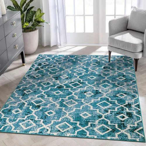 Vista 32 de Moynesa Alfombra marroquí lavable de 2 x 3 pulgadas, pequeña, azul, para cocina, baño, suave, antideslizante, de pelo bajo, moderna, geométrica
