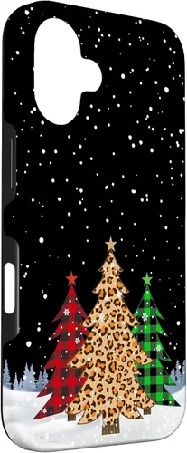Vista 3 de iPhone 16 Árboles de Navidad con estampado de leopardo y cuadros