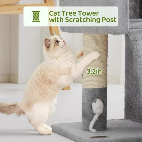 Vista 4 de Woochpet Árbol para gatos de 24 pulgadas de alto con 2 condominios para gatos y juguete de ratón, acogedora torre pequeña para gatos con poste