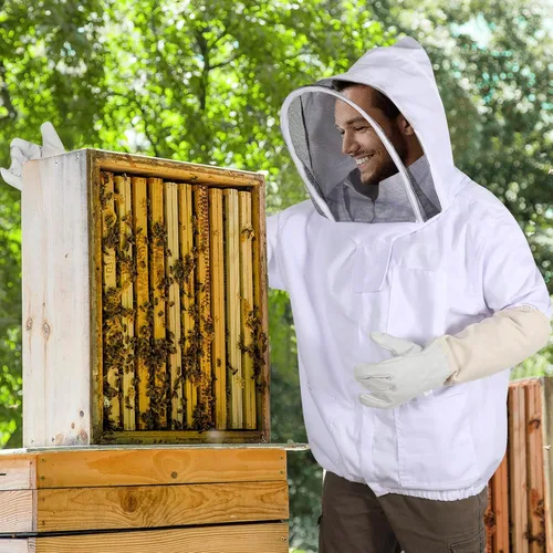 Vista 2 de Chaqueta de apicultura para hombres y mujeres, chaqueta de abeja de polialgodón con capucha de velo, chaqueta de apicultor, suite de apicultor