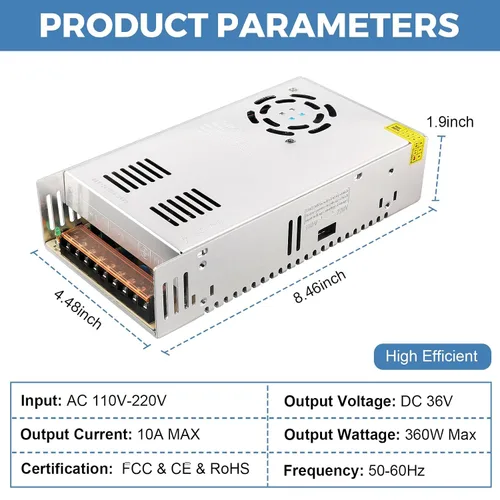 Vista 2 de Fuente de alimentación 36V 10A 360W AC 110-220V a DC 36V 10Amp para cámara CCTV Comes With Built-in Cooling Fan, Low Voltage Transformer, AC/DC