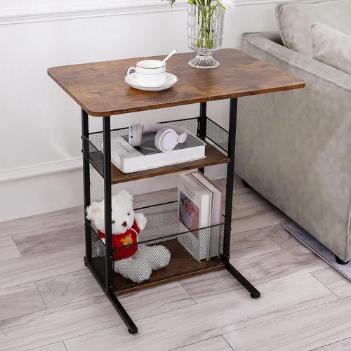 Vista 2 de Mesa auxiliar en forma de C con cesta de almacenamiento, mesa de sofá pequeña con ruedas para sofá reclinable, mesas auxiliares color marrón rústico