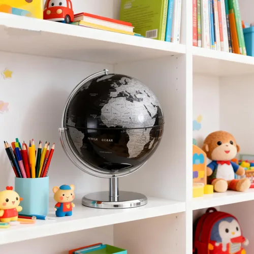 Vista 2 de Globo del mundo con soporte giratorio de acero inoxidable para adultos, elegante decoración y regalos para escritorio de oficina en casa para Negro