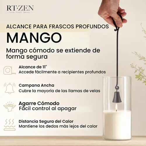 Vista 4 de RTZEN Campana de velas rústica con campana - Apagador de velas de hierro forjado decorativo hecho a mano con mango largo - Accesorios únicos