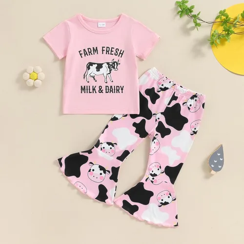 Vista 93 de fhutpw Conjunto de camiseta de manga corta con estampado de vaca y pantalones acampanados de dibujos animados para niñas