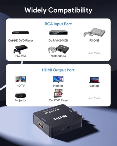 Vista 5 de ABLEWE RCA a HDMI, Convertidor de AV a HDMI, Adaptador convertidor de audio y video de 1080P Mini RCA Compuesto CVBS Compatible con PAL/NTSC
