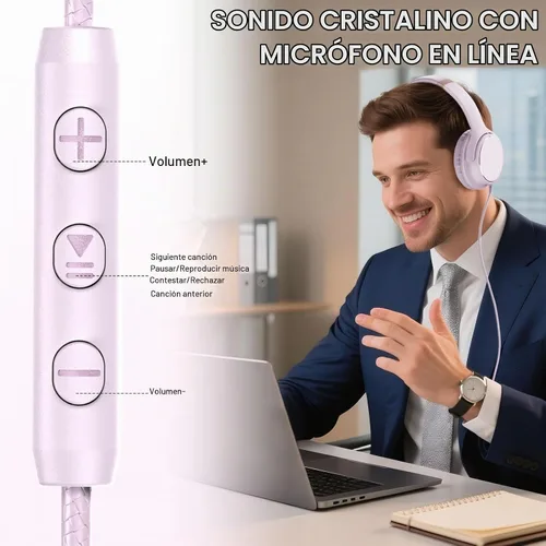 Vista 6 de Auriculares con cable USB C sobre la oreja con micrófono, control de volumen, puerto compartido y diadema ajustable, auriculares estéreo plegables