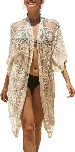 Vista 11 de Cárdigan de Encaje para Mujer de Crochet Floral Transparente Cobertor de Playa Kimono Largo Abierto