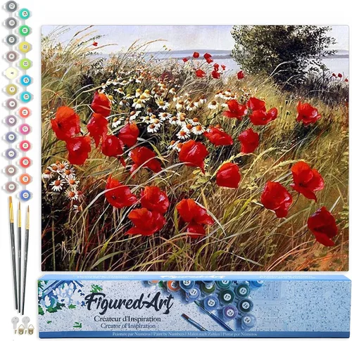 Vista 143 de Figured'Art Pintura por números para adultos, flores rojas abstractas, 16 x 20 pulgadas, kit de pintura artística para manualidades, lienzo