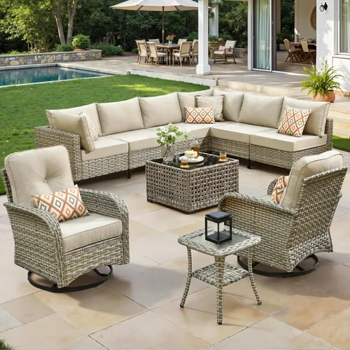 Vista 41 de ovios Muebles de patio de 8 piezas con hoguera, juego de conversación de mimbre de ratán para exteriores con mesa de centro brillante, cómodo sofá