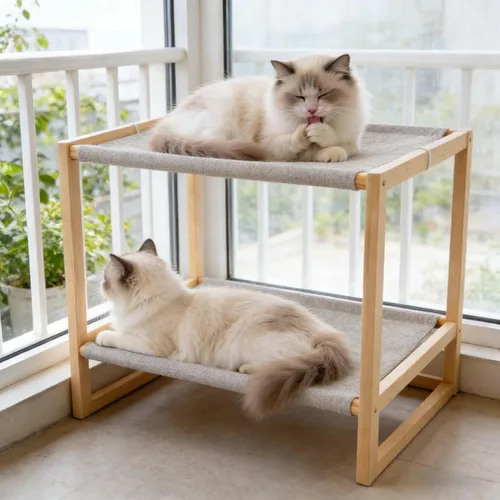 Vista 6 de Hamaca para gatos de 2 capas, litera de madera de pino para gatos con funda extraíble lavable, capacidad de 45 libras/nivel, cama elevada