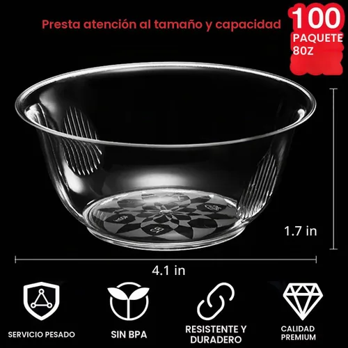 Vista 3 de MOACOCK Paquete de 100 cuencos pequeños de plástico transparente, cuencos de ensalada desechables duros de 8 onzas, cuencos desechables para servir