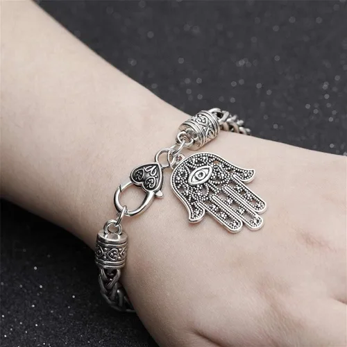 Vista 2 de Qepol Hamsa mano de Fátima pulsera de plata protección contra el mal de ojo tono plateado aleación encanto joyería Lucky Love colgante amistad