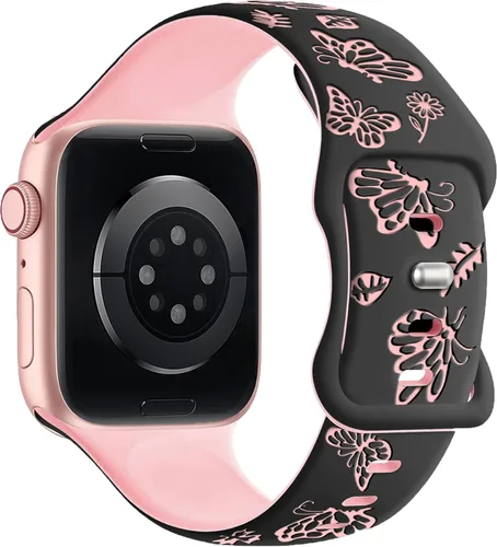 Vista 14 de Melyis Correa deportiva de silicona suave grabada con diseño floral y mariposa compatible con Apple Watch de 1.575 pulgadas, 1.614 pulgadas, 1.496