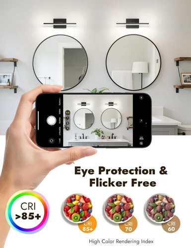 Vista 7 de NIORSUN Lámpara de baño moderna de 15.7 pulgadas, 12 W, 5 CCT, regulable, luces LED negras sobre el espejo, luces de tocador para baño, espejo