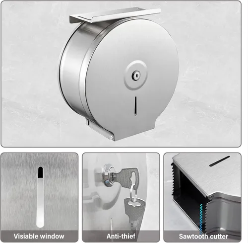 Vista 3 de Dispensador de papel higiénico jumbo comercial con estante, soportes para pañuelos, rollo de papel de 9 pulgadas, acero inoxidable con cerradura